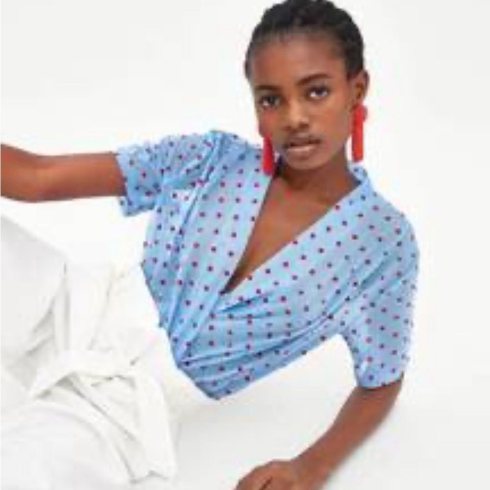 Zara baby blue red polkadot semi sheer draped blouse